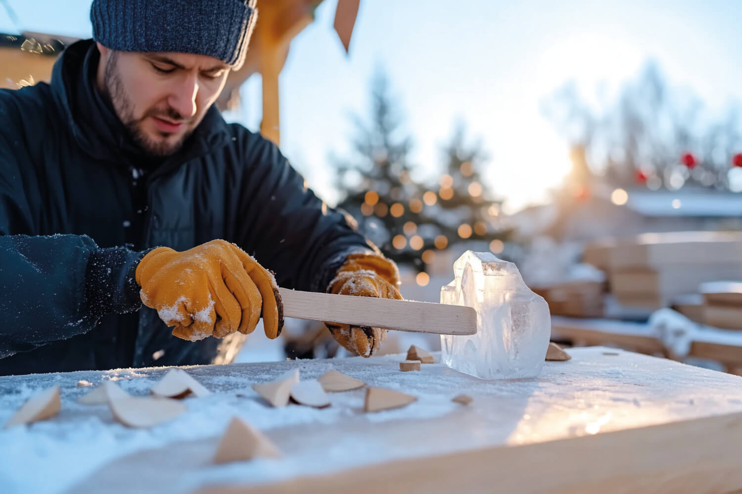 Mann schleift Eisblock im Teambuilding Event mit einer Feile